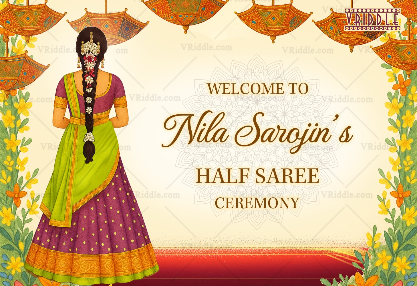 Traditional Welcome Sign Board for Half Saree Ceremony – Girl in Bright Lehenga with Floral Décor & Umbrella Motif