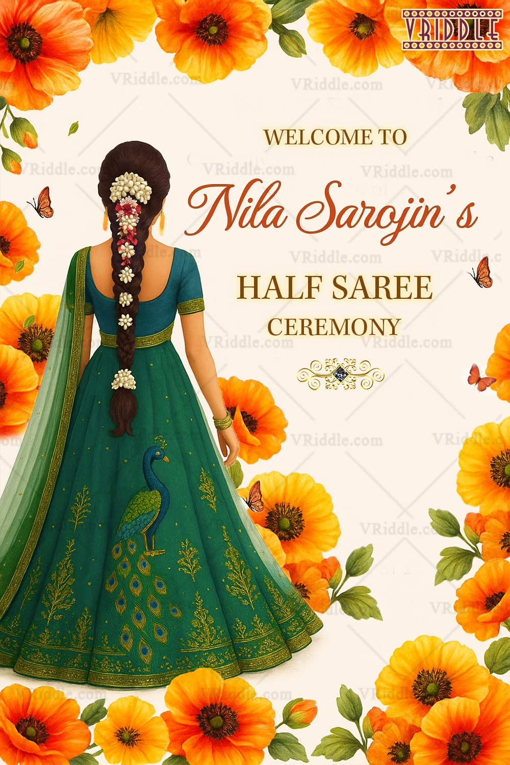 Welcome Sign Board for Half Saree Ceremony – Featuring Traditional Girl, Orange Florals & Peacock Motif