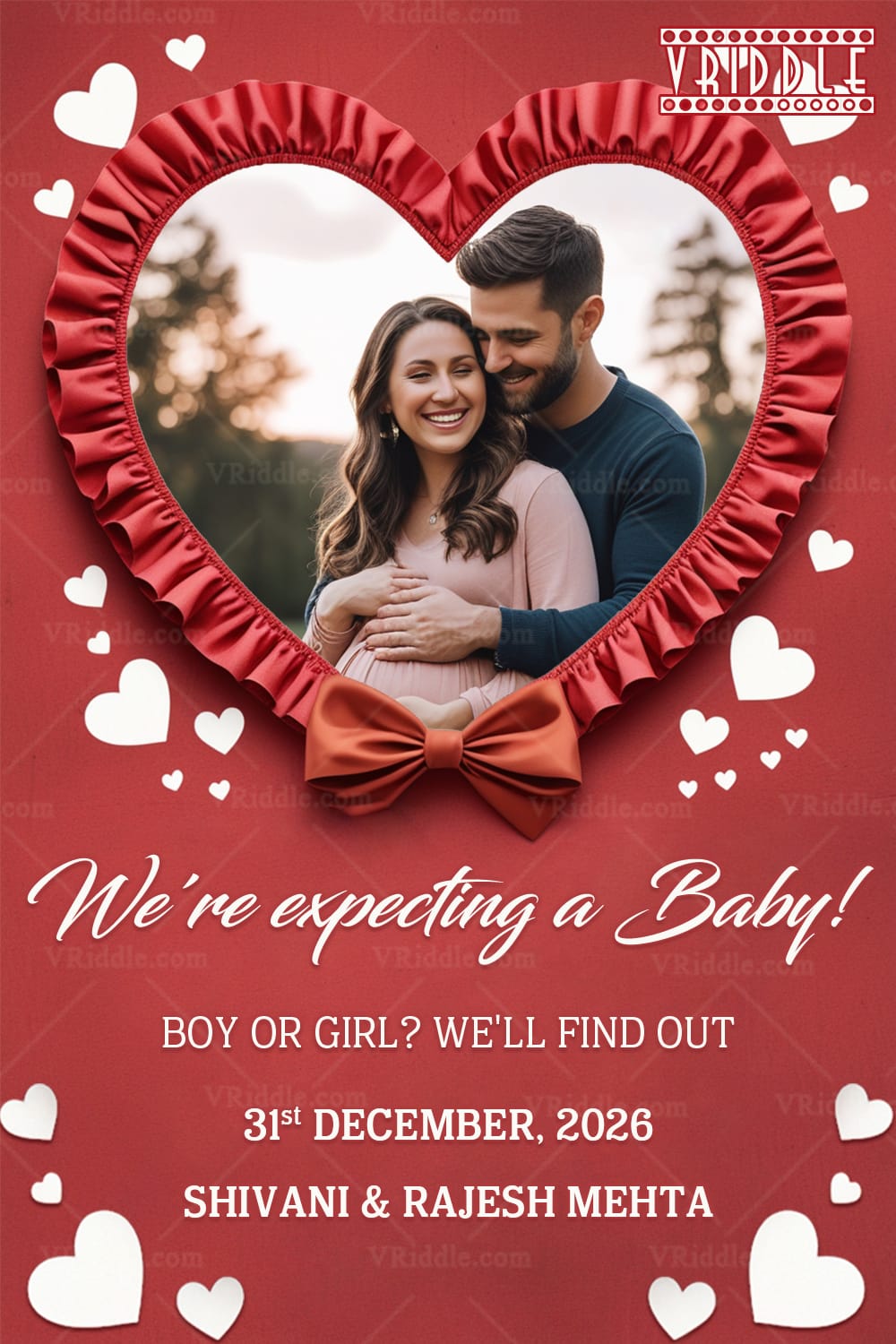 Heart Frame Pregnancy Announcement Card with Add Photo, Red Theme and White Hearts