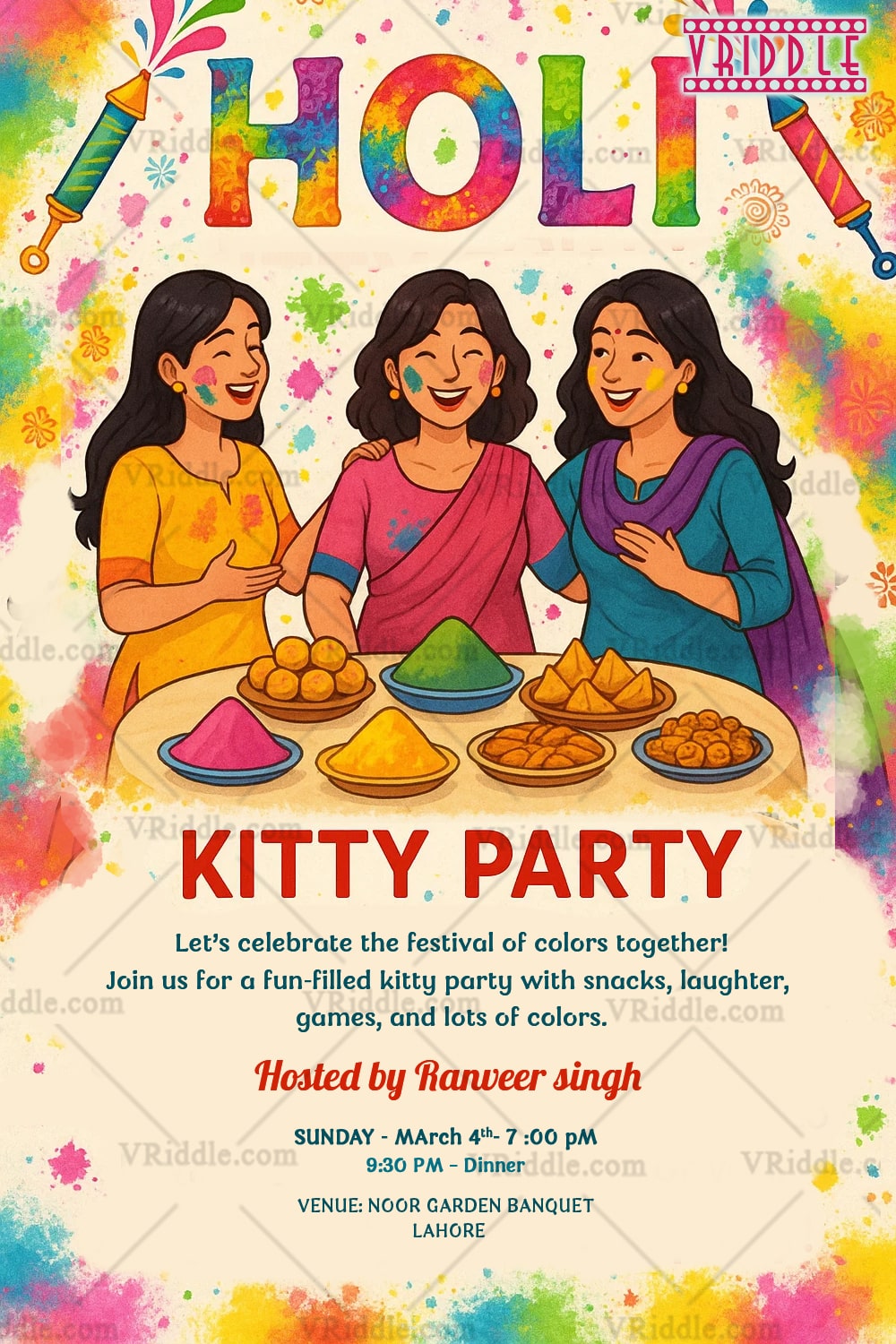 Holi Kitty Party Invitation – A Joyful Celebration with Friends, Festive Vibes, and a Splash of Color
