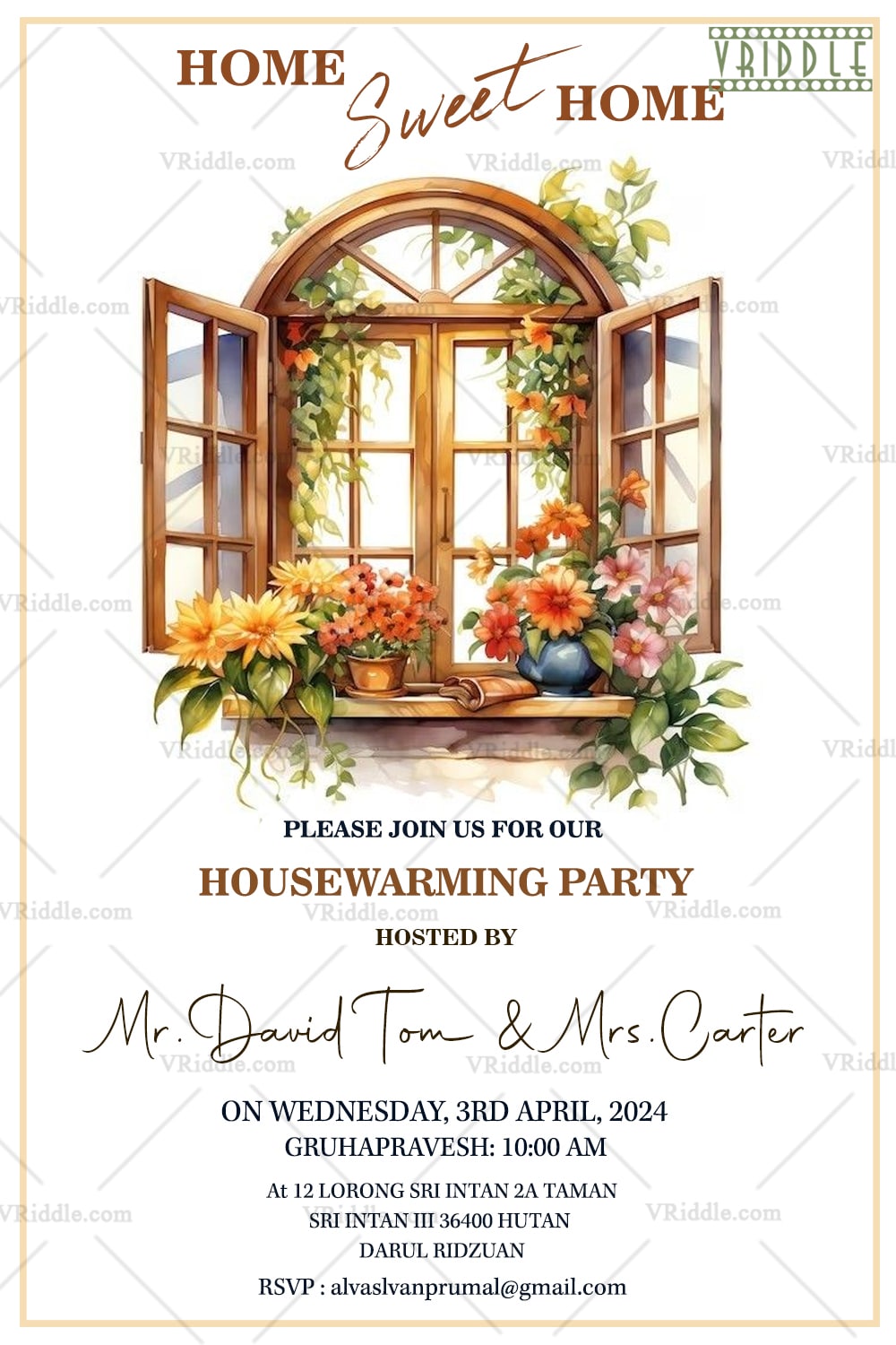 Home Sweet Home Floral Window-Themed Housewarming Invitation with Rustic Charm