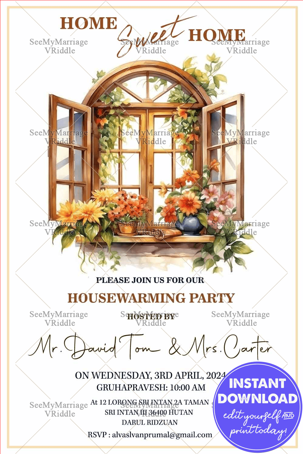 Home Sweet Home Floral Window-Themed Housewarming Invitation with Rustic Charm