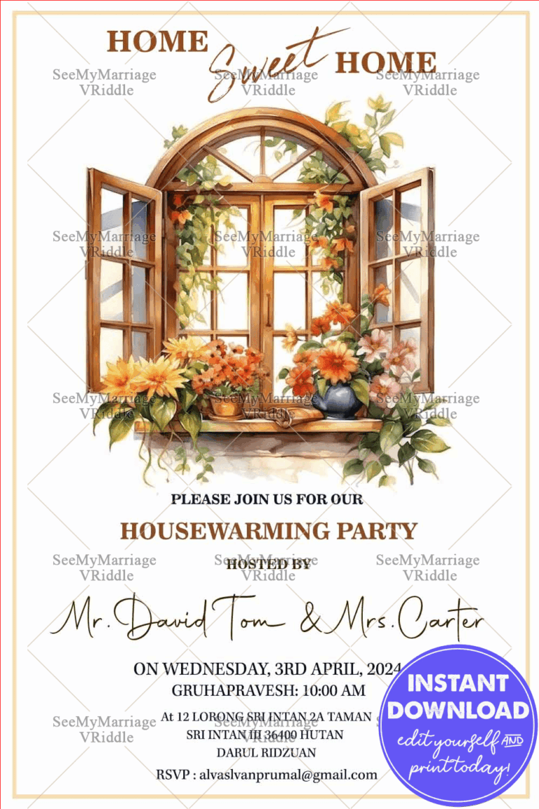 Home Sweet Home" Floral Window-Themed Housewarming Invitation with Rustic Charm