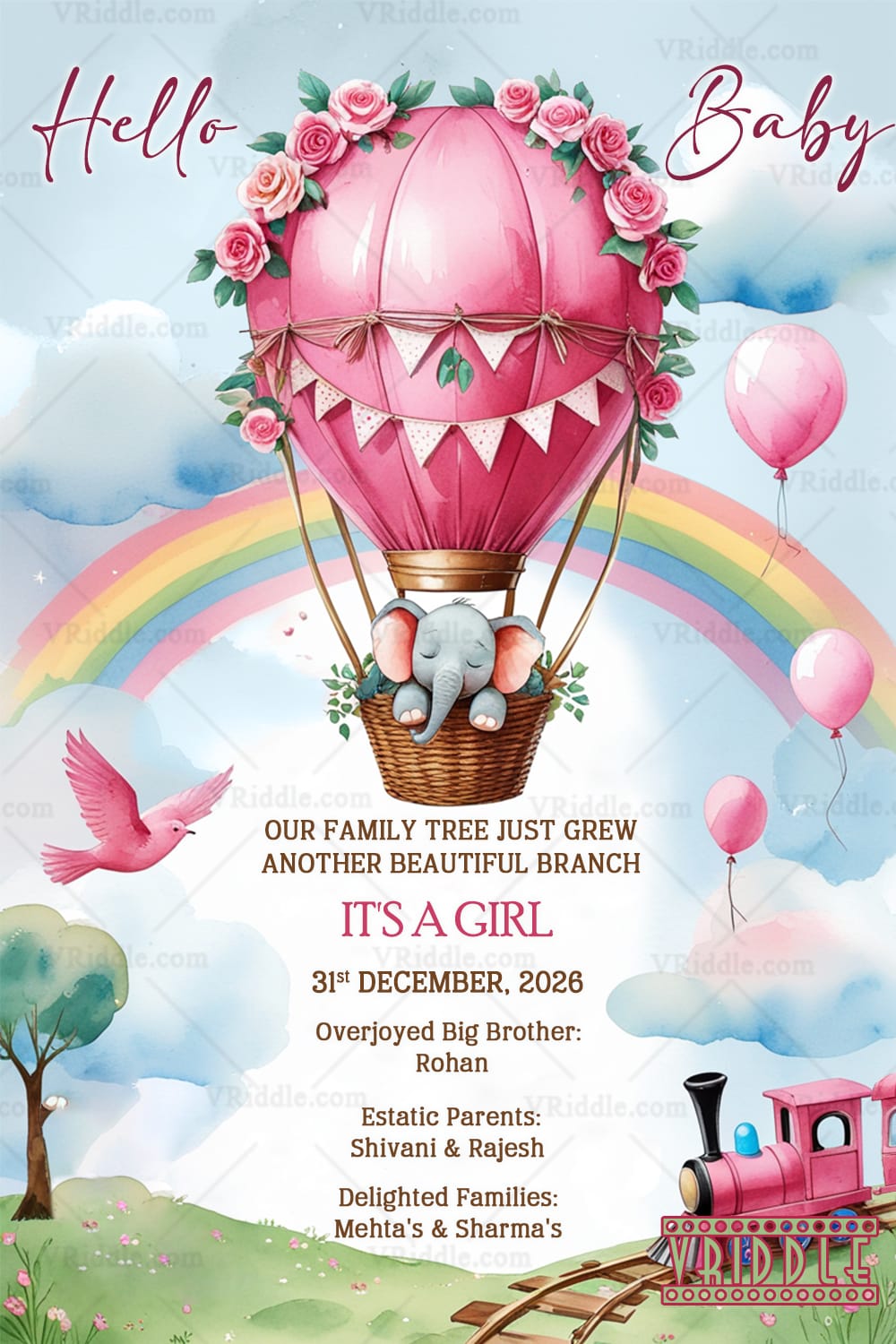 Hot Air Balloon Pregnancy Announcement Card with Rainbow, Elephant and Train