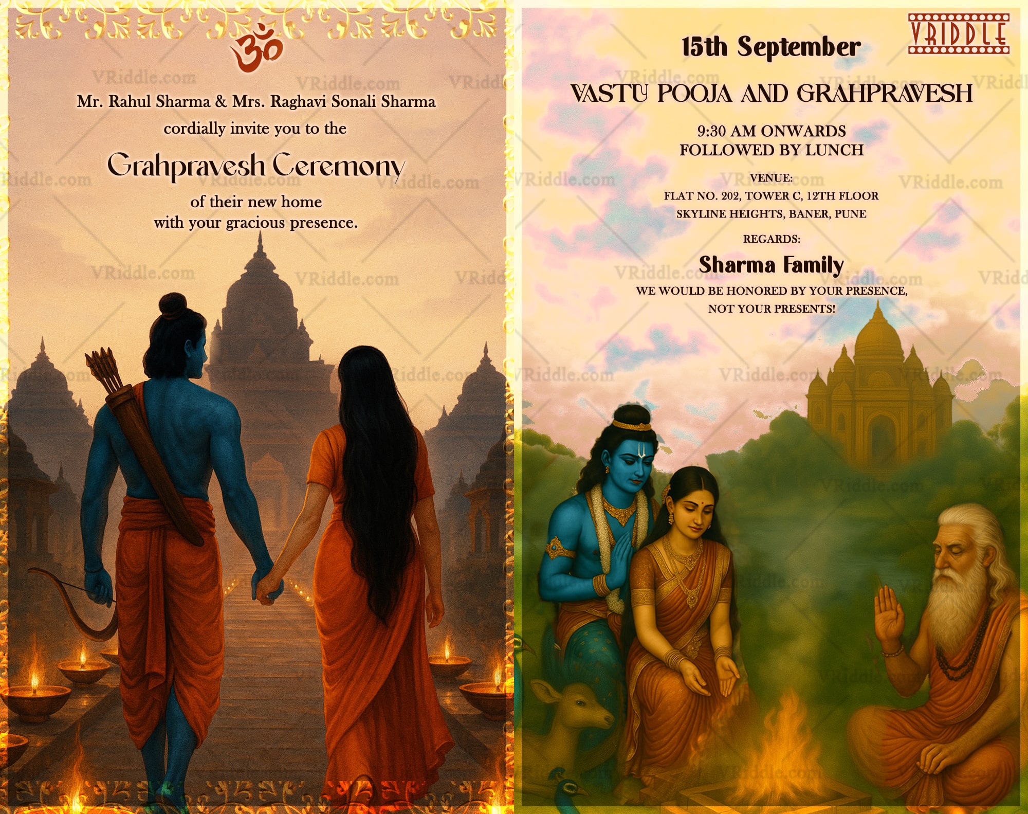 Divine Housewarming Invitation with Shri Ram & Sita Illustration – A Sacred Grahpravesh Card Design