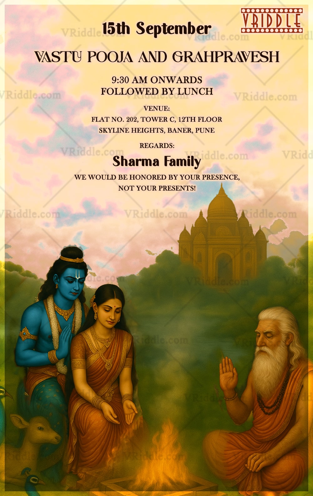 Divine Housewarming Invitation with Shri Ram & Sita Illustration – A Sacred Grahpravesh Card Design