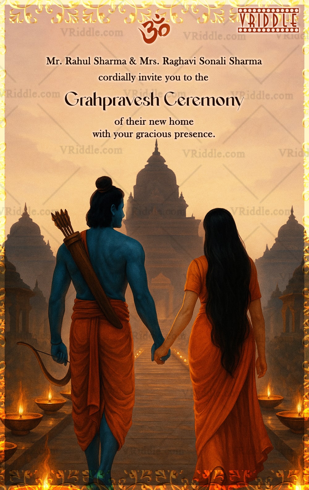 Divine Housewarming Invitation with Shri Ram & Sita Illustration – A Sacred Grahpravesh Card Design