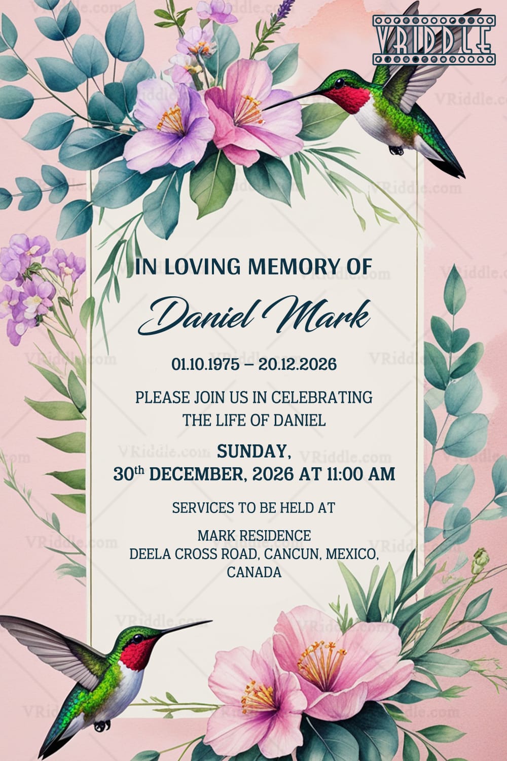 Humming Bird Blossom Memorial Invitation with Lily Theme Celebration of Life