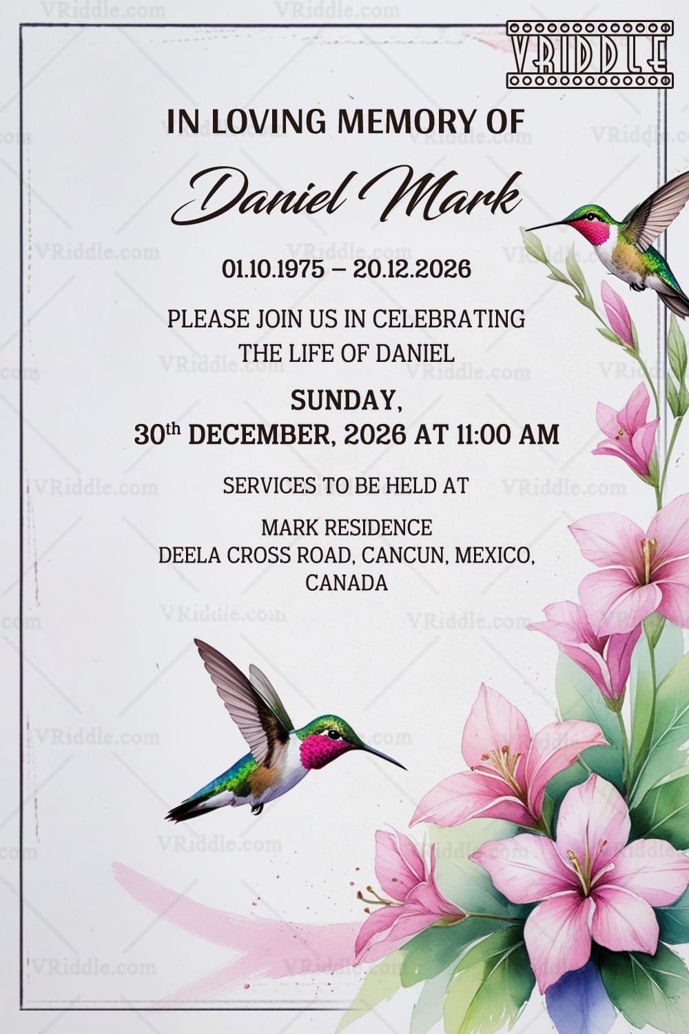 Humming Bird Tribute Memorial Invitation with Floral Celebration of Life Card