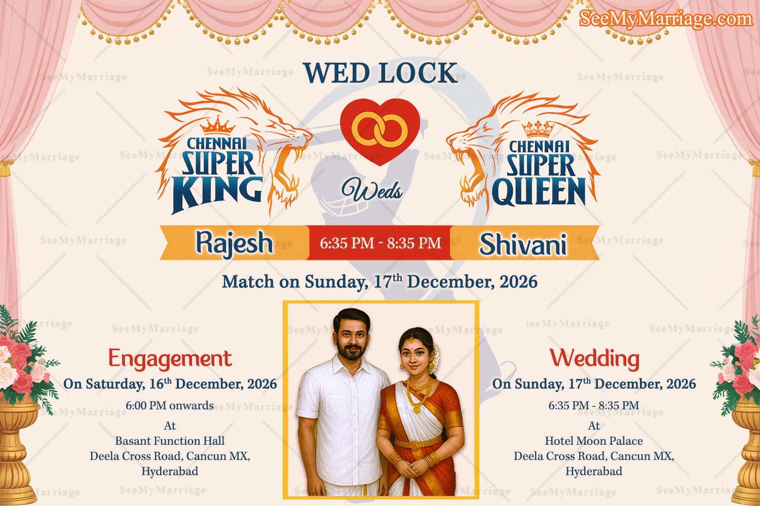 IPL Cricket Themed Digital Wedding and Engagement Invitation Card with Add Couple Image