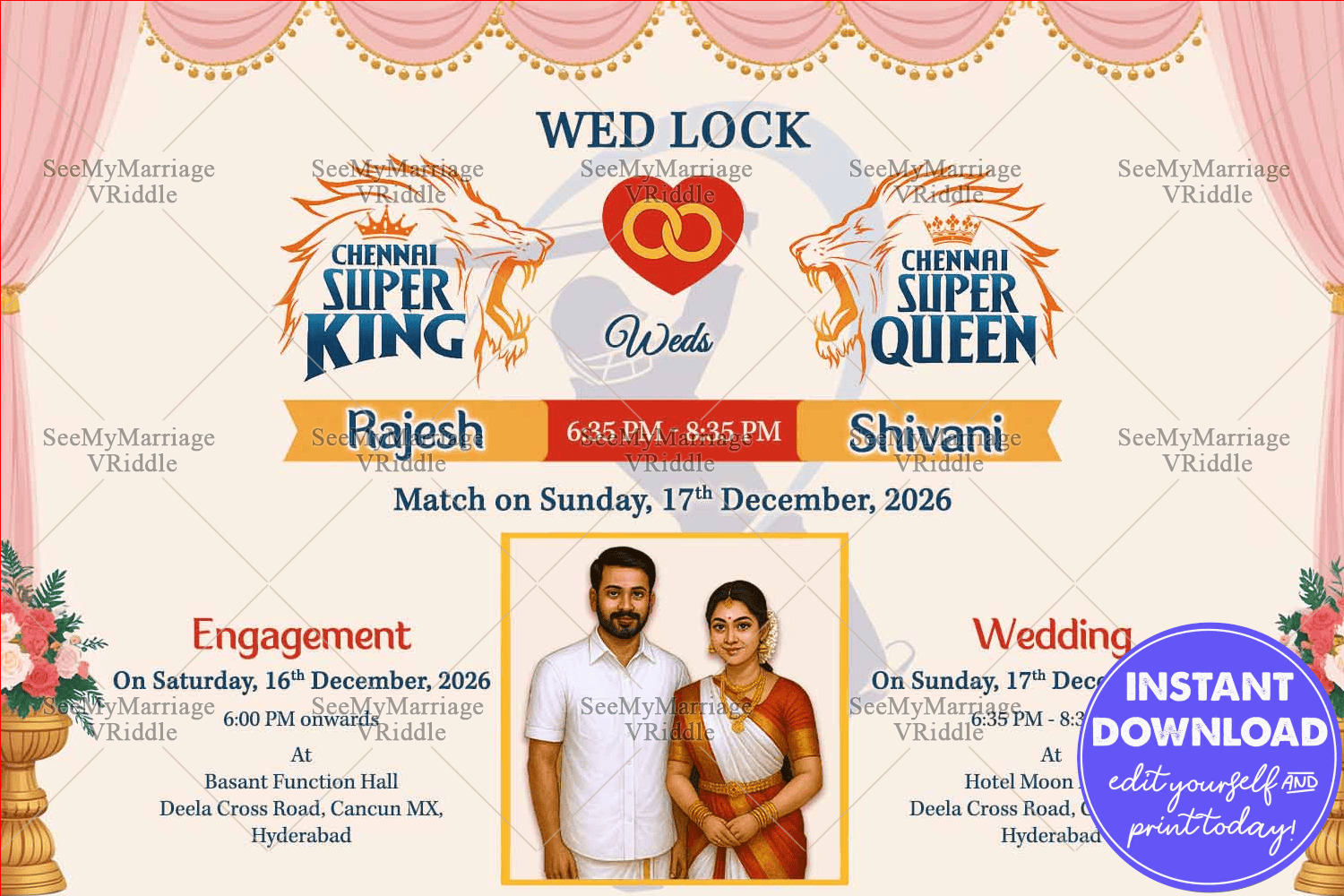 IPL Cricket Themed Digital Wedding and Engagement Invitation Card with Add Couple Image