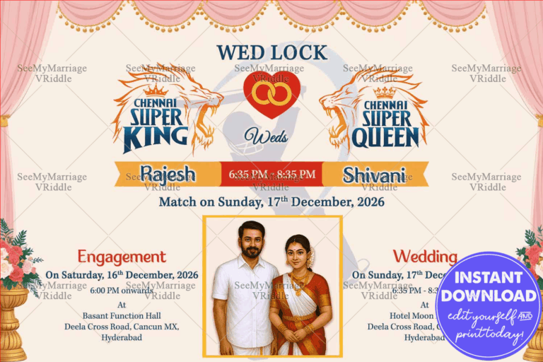 IPL Cricket Themed Digital Wedding and Engagement Invitation Card with Add Couple Image