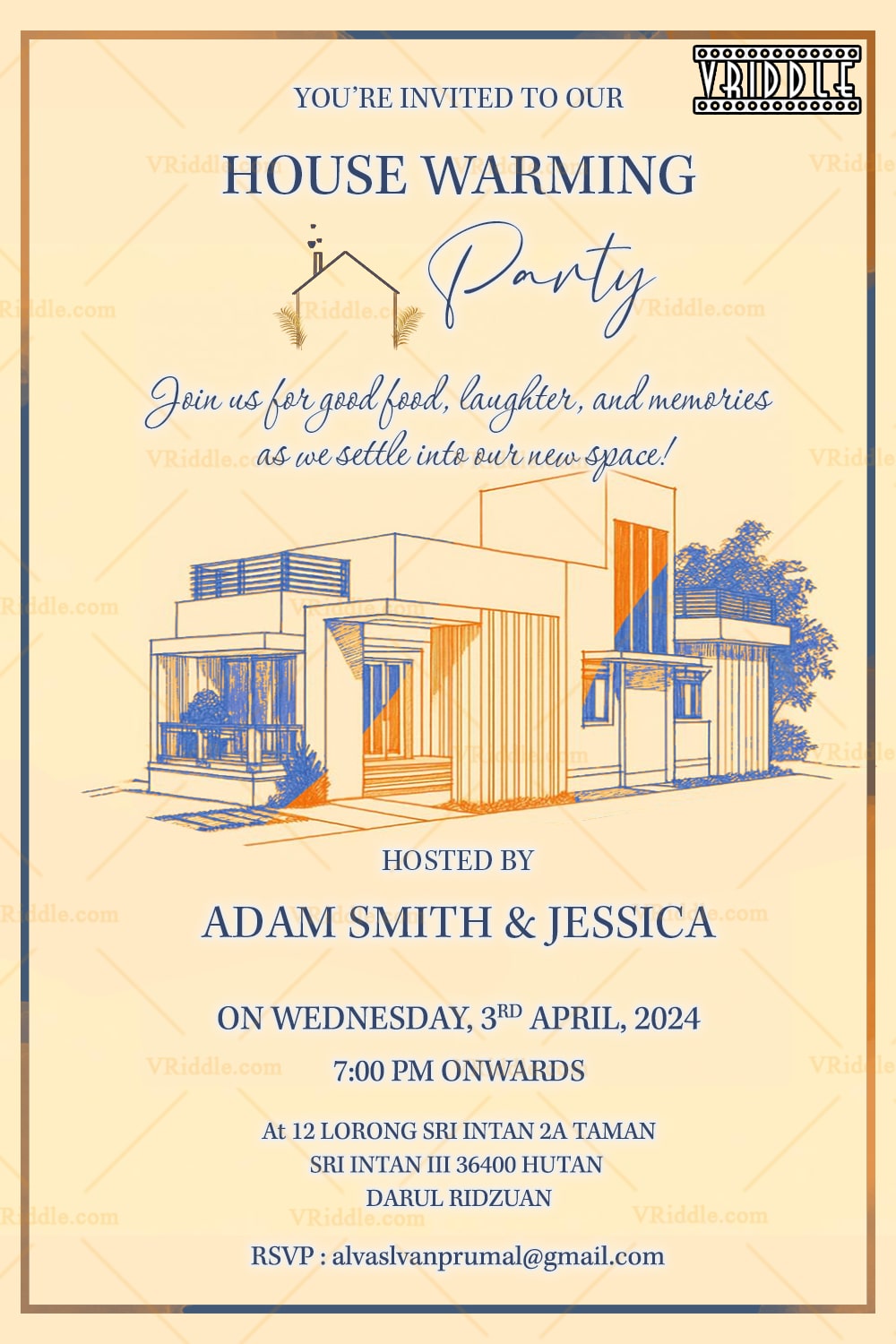 Modern Line Art Housewarming Invitation Featuring Cream Background with Blue and Orange Architectural Sketch