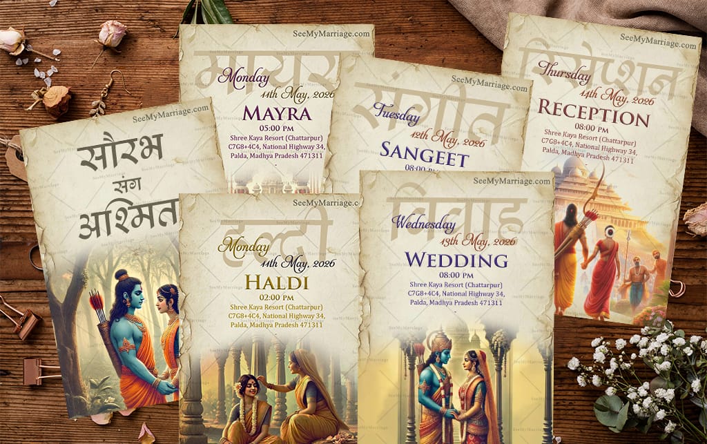 Lord Rama & Sita Vintage Theme Wedding Invitation Card set with Epic Love Story and Mayra, Haldi, Sangeet, Wedding, Reception