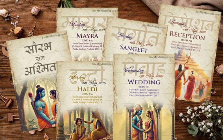 Lord Rama & Sita Vintage Theme Wedding Invitation Card set with Epic Love Story and Mayra, Haldi, Sangeet, Reception
