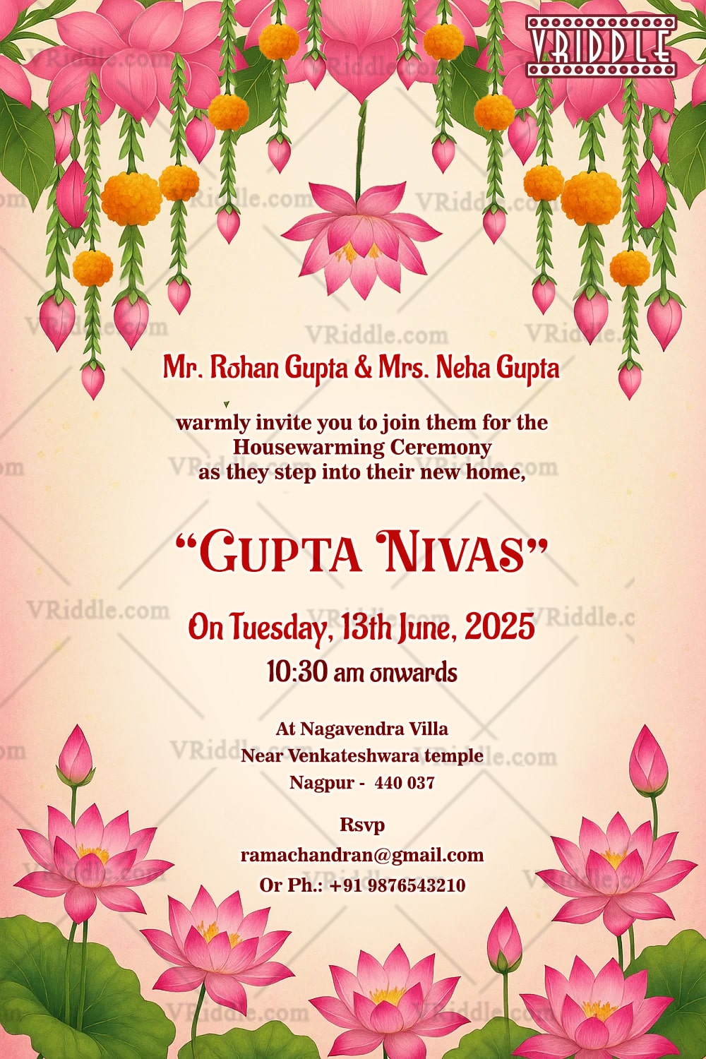 Lotus Bloom Delight Housewarming Ceremony Invitation with Marigold Charm on Cream Backdrop
