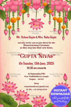 Lotus Bloom Delight Housewarming Ceremony Invitation with Marigold Charm on Cream Backdrop