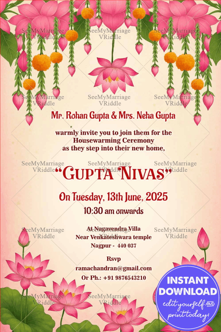 Lotus Bloom Delight Housewarming Ceremony Invitation with Marigold Charm on Cream Backdrop