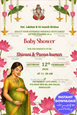 Lotus-Themed Baby Shower Invitation Featuring Traditional Mother-to-Be Illustration