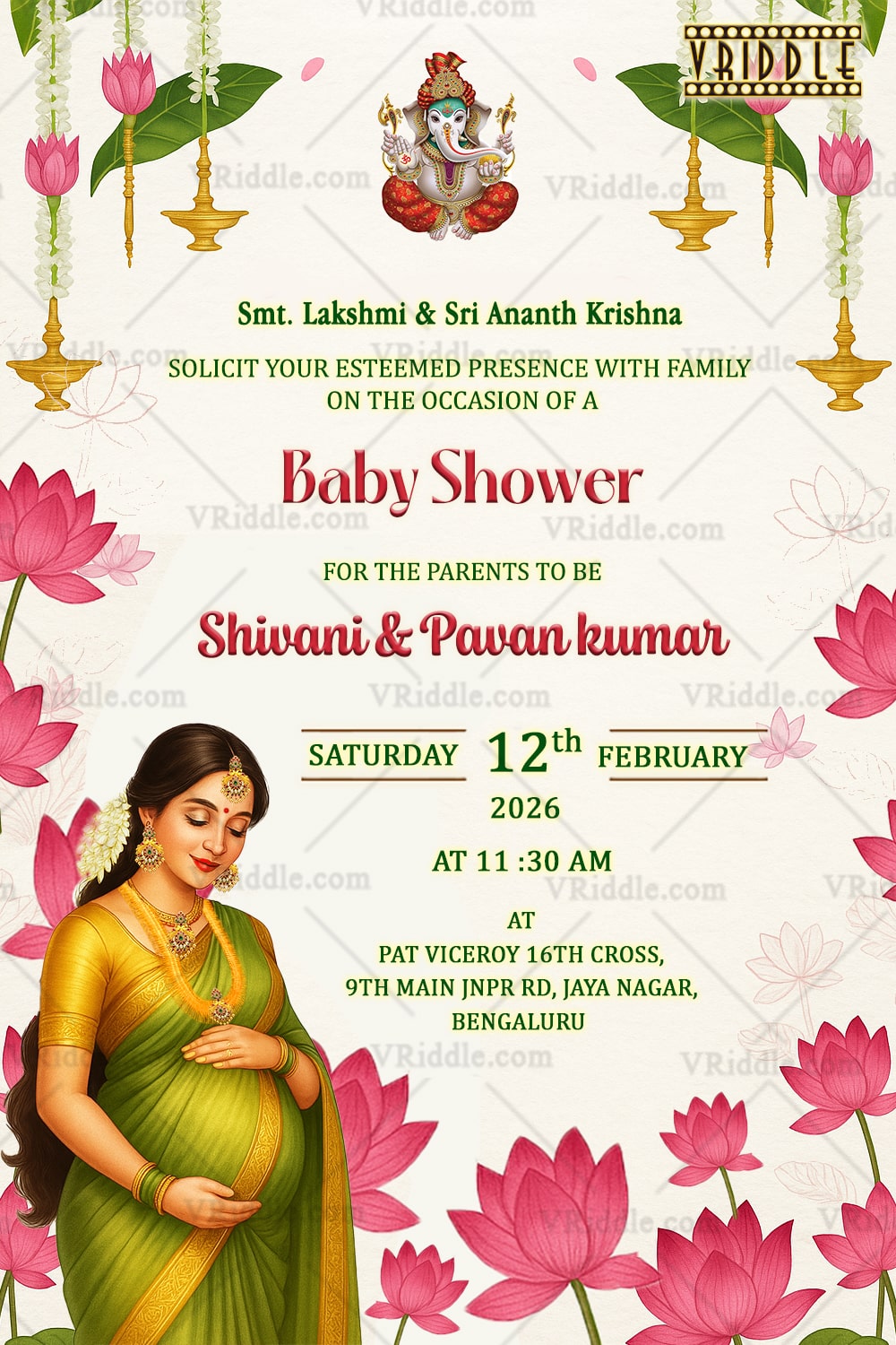 Lotus-Themed Baby Shower Invitation Featuring Traditional Mother-to-Be Illustration