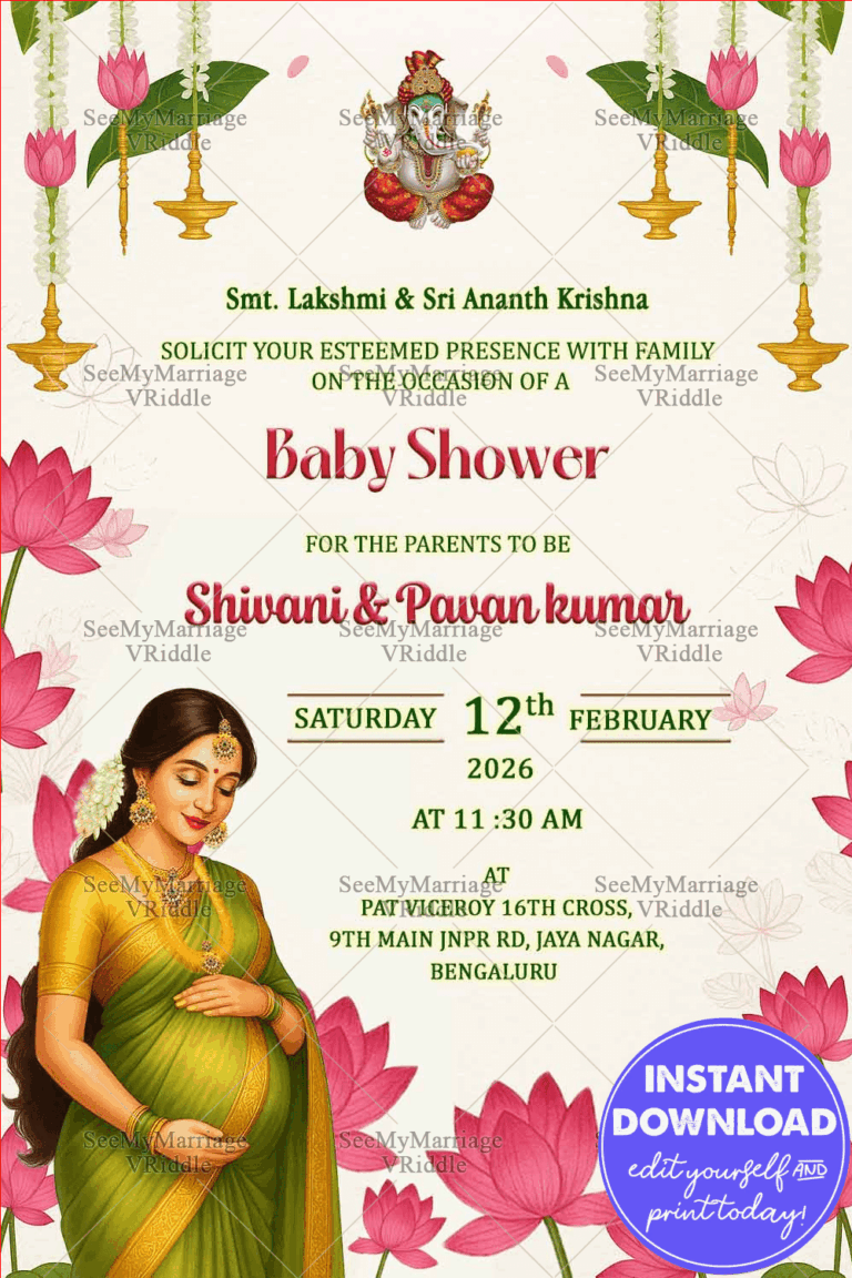 Lotus-Themed Baby Shower Invitation Featuring Traditional Mother-to-Be Illustration