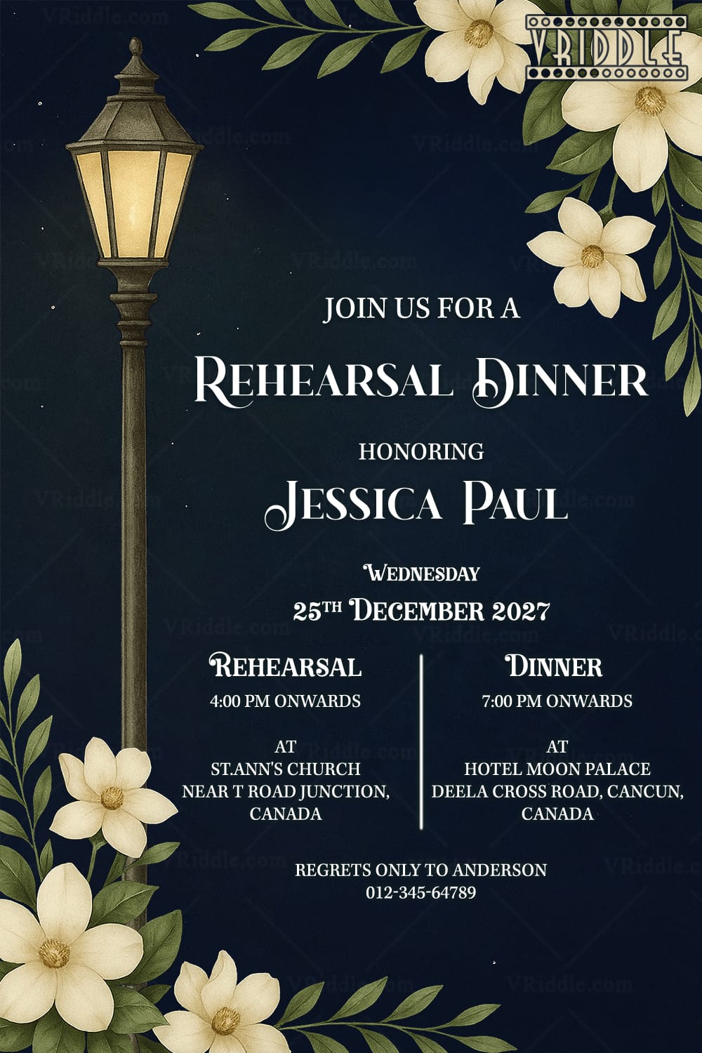 Magnolia New Orleans Rehearsal Dinner Invitation Card with Street Lamp and White Flowers