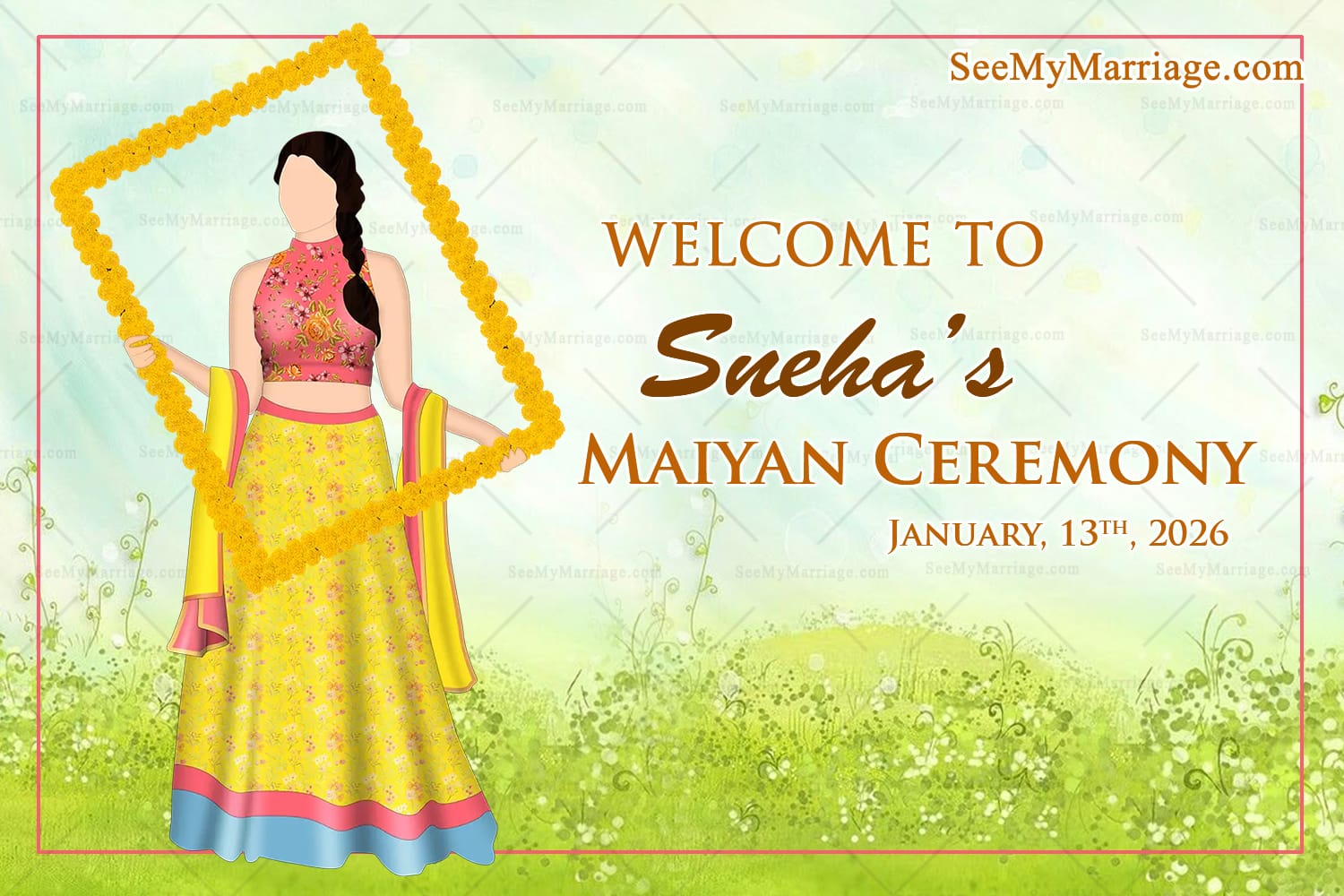 Maiyan Ceremony Welcome Sign Board with Bride Holding a Marigold Flower Frame and Meadow