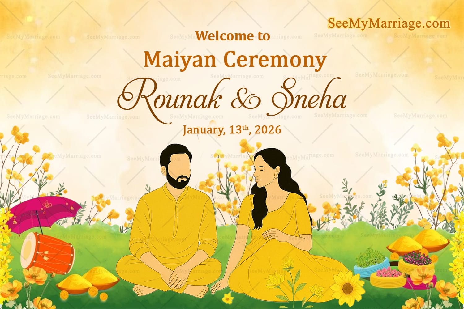 Couple in Yellow Bliss Maiyan Ceremony Welcome Sign Board with Floral Elements and Turmeric Decor