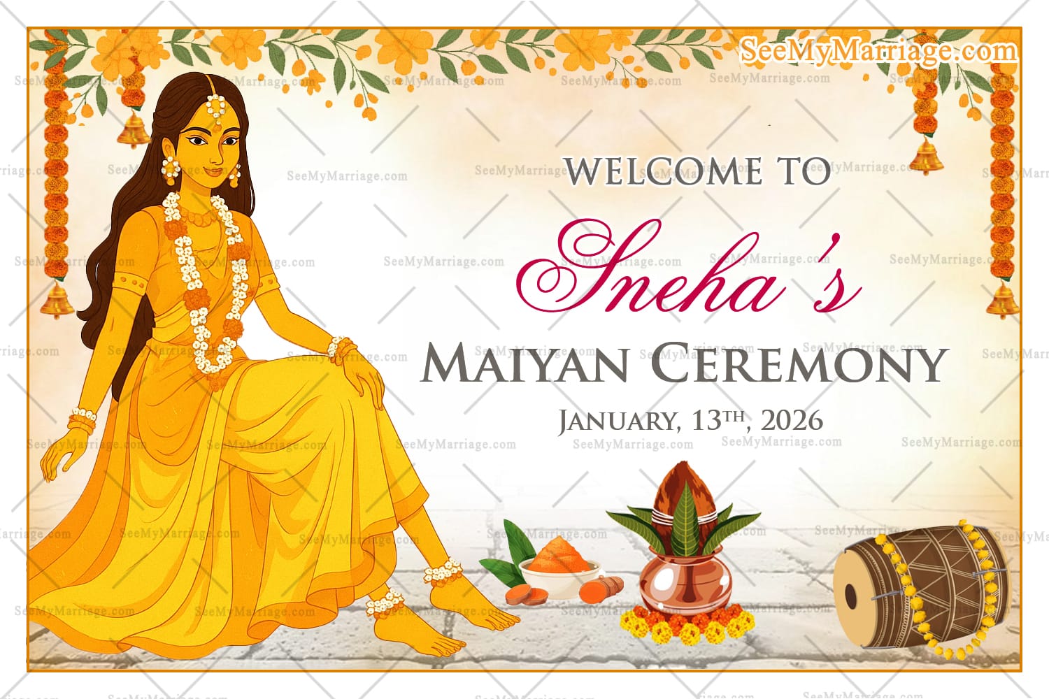 This vibrant and beautifully illustrated image is an invitation poster,The design features a traditionally dressed bride-to-be, adorned in a stunning yellow saree with floral garlands, mehendi, and jewelry, embodying the spirit of a joyful pre-wedding ritual. The setting is rich with cultural elements such as marigold garlands, a clay pot with kalash, turmeric paste, sweets, and a decorated dhol, symbolizing celebration and auspicious beginnings. The warm tones of yellow and orange along with floral and traditional décor add a festive and welcoming ambiance, making it perfect for a traditional Indian haldi ceremony announcement.