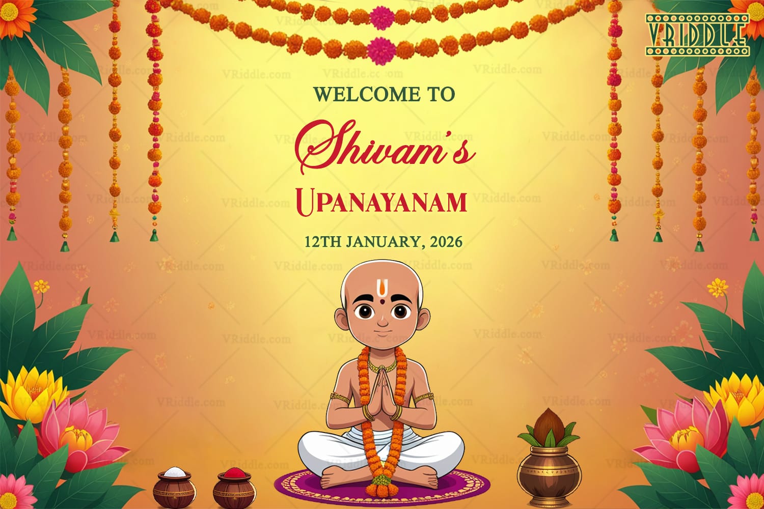 Marigold Decor Upanayanam Welcome Sign Board with Boy Illustration, Peaceful Background and Lotus Design