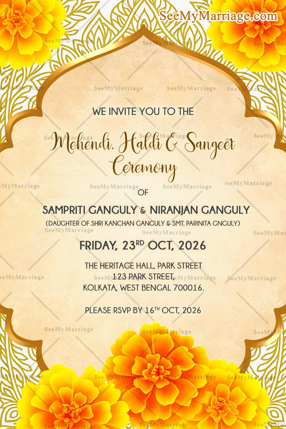 Marigold Themed Wedding Invitation Set with Flowers and Engagement, Tilak Ceremony, Mehendi, Haldi, Sangeet Ceremony, Wedding Ceremony, Vidaai Ceremony