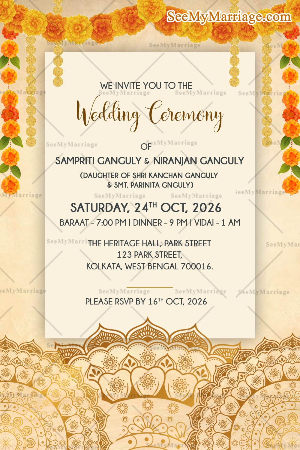 Marigold Themed Wedding Invitation Set with Flowers and Engagement, Tilak Ceremony, Mehendi, Haldi, Sangeet Ceremony, Wedding Ceremony, Vidaai Ceremony