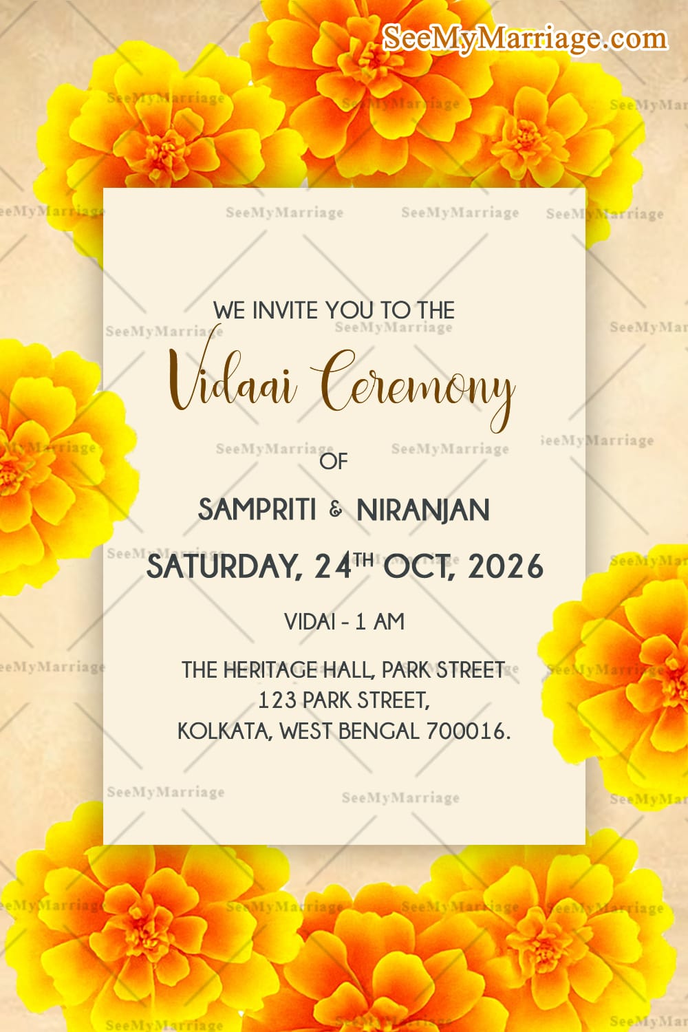 Marigold Themed Wedding Invitation Set with Flowers and Engagement, Tilak Ceremony, Mehendi, Haldi, Sangeet Ceremony, Wedding Ceremony, Vidaai Ceremony