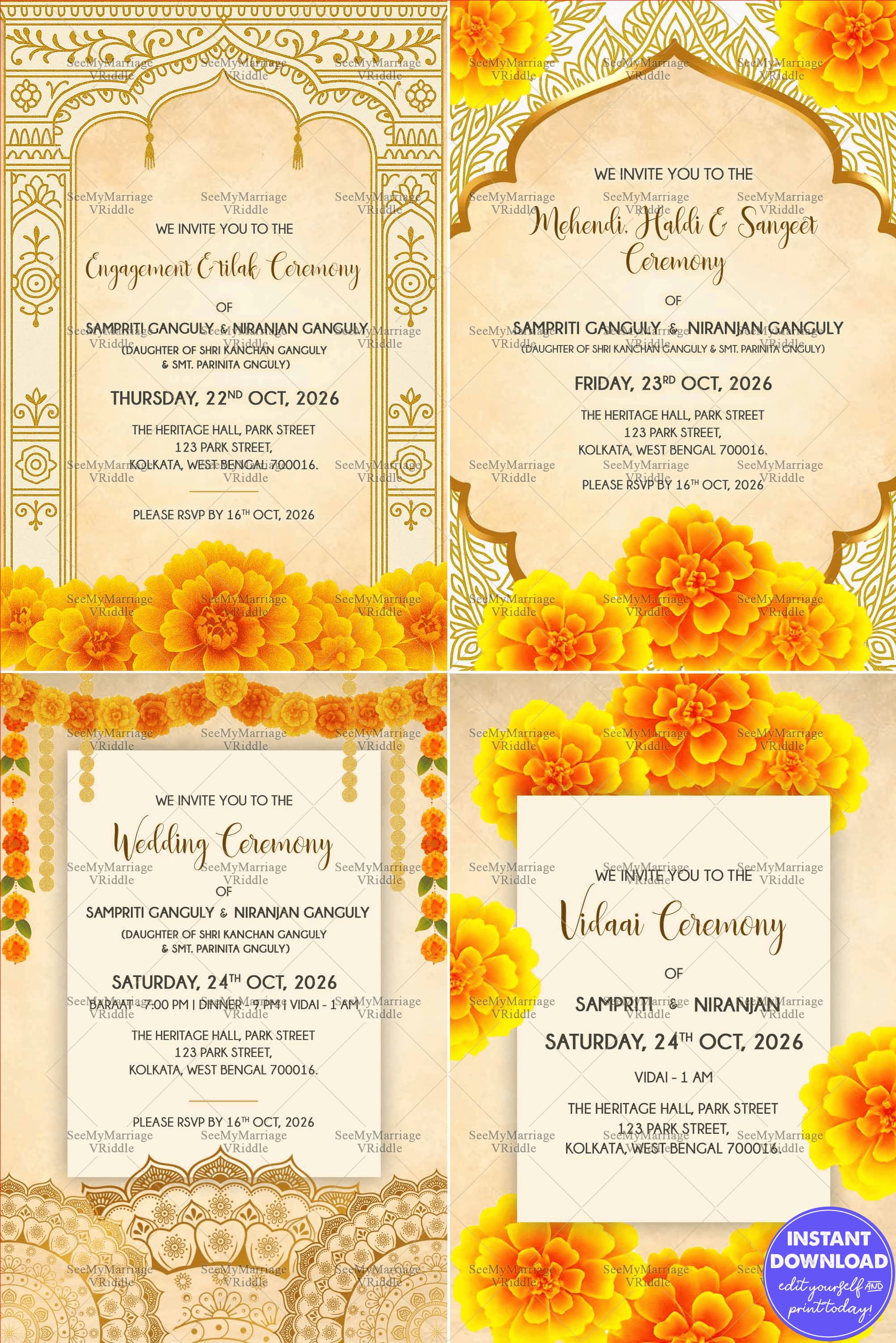 Marigold Themed Wedding Invitation Set with Flowers and Engagement, Tilak Ceremony, Mehendi, Haldi, Sangeet Ceremony, Wedding Ceremony, Vidaai Ceremony (1)