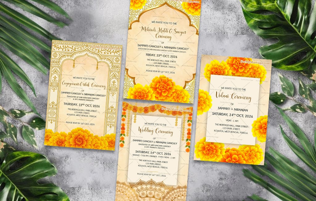 Marigold Themed Wedding Invitation Set with Flowers and Engagement, Tilak Ceremony, Mehendi, Haldi, Sangeet Ceremony, Wedding Ceremony, Vidaai Ceremony