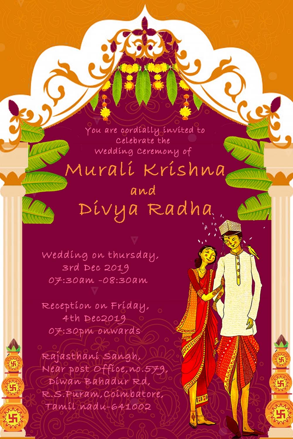 Maroon Kannada Wedding Invitation Card with Cultural Illustrations and Floral Arch