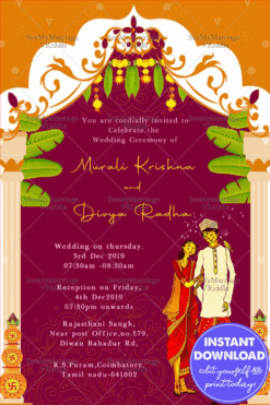 Maroon Kannada Wedding Invitation Card with Cultural Illustrations and Floral Arch