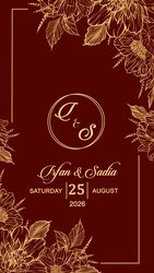 Muslim Wedding Reception Invitation Video with Couple Illustration, Maroon Theme & Gold Accents
