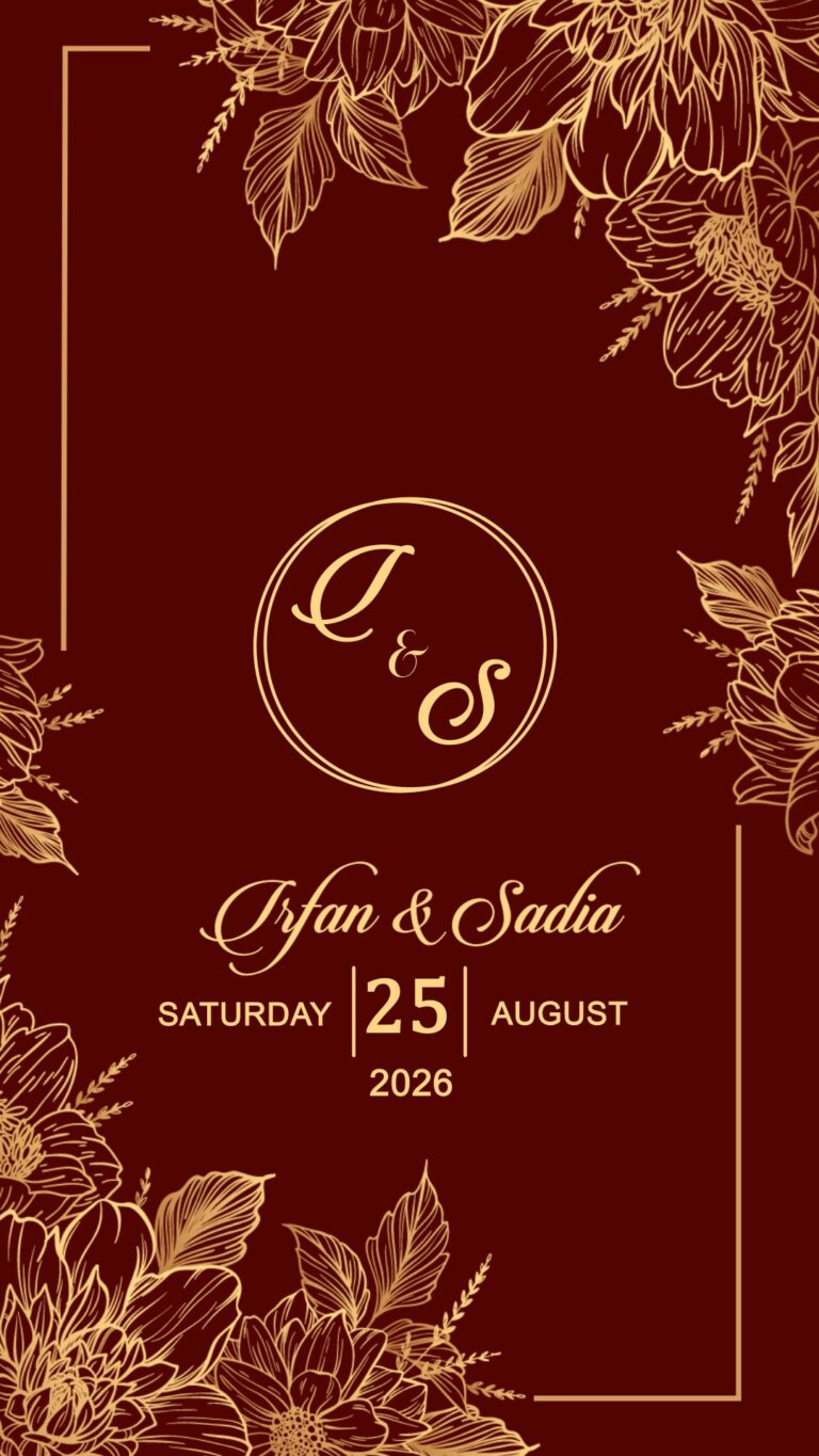 Muslim Wedding Reception Invitation Video with Couple Illustration, Maroon Theme & Gold Accents