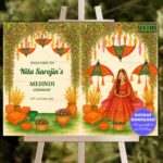 Traditional Mehndi Ceremony Welcome Sign Bord with Floral Arches, Colorful Umbrellas and Bride