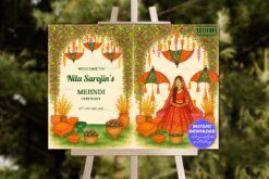 Traditional Mehndi Ceremony Welcome Sign Bord with Floral Arches, Colorful Umbrellas and Bride