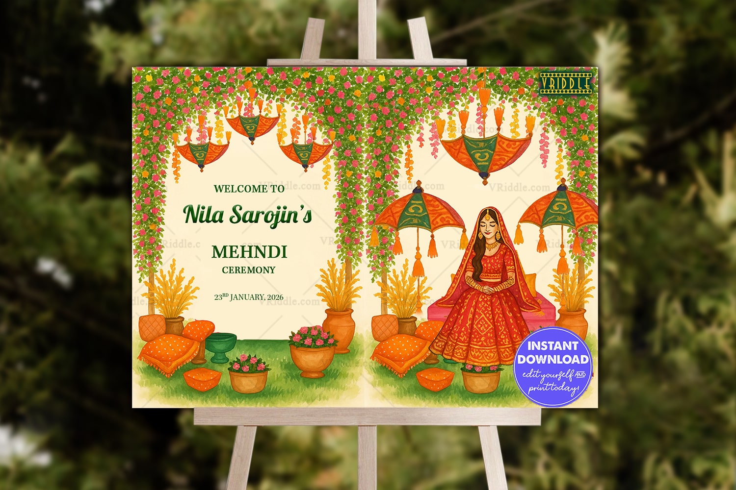 Traditional Mehndi Ceremony Welcome Sign Bord with Floral Arches, Colorful Umbrellas and Bride