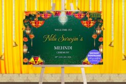 Mehndi Ceremony Welcome Sign in Green theme with Marigold Florals and Traditional Umbrella Decor