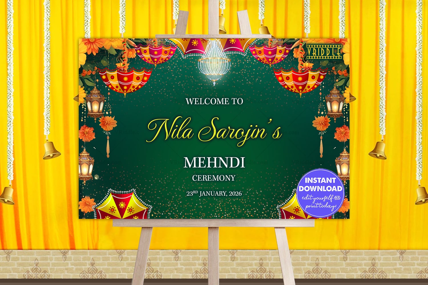 Mehndi Ceremony Welcome Sign in Green theme with Marigold Florals and Traditional Umbrella Decor