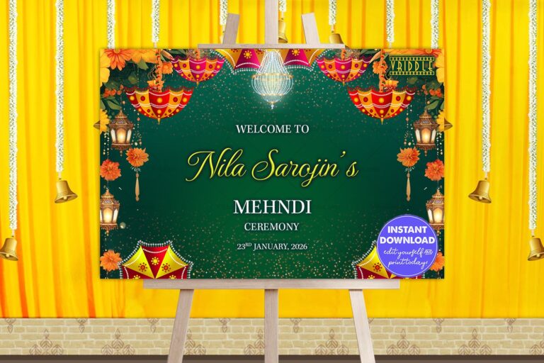 Mehndi Ceremony Welcome Sign in Green theme with Marigold Florals and Traditional Umbrella Decor