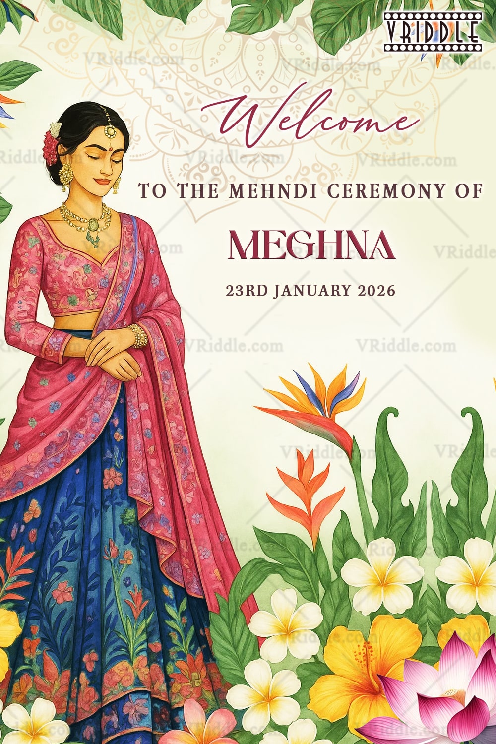 Mehndi Ceremony Welcome Sign Bord Featuring a Graceful Bride Illustration in Watercolor Botanical Theme