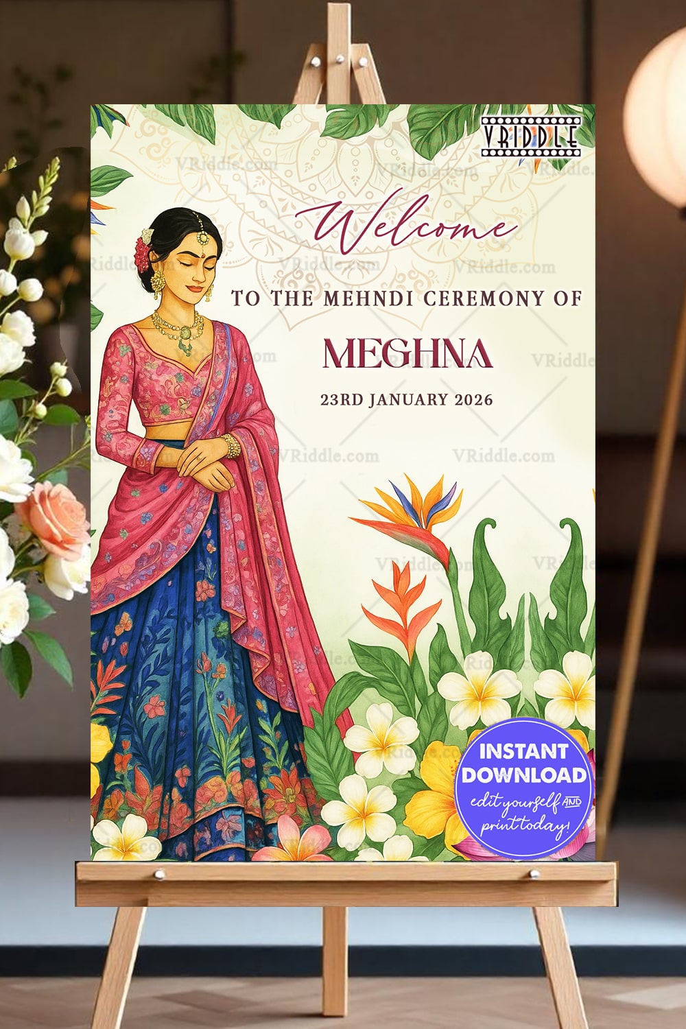 Mehndi Ceremony Welcome Sign Bord Featuring a Graceful Bride Illustration in Watercolor Botanical Theme