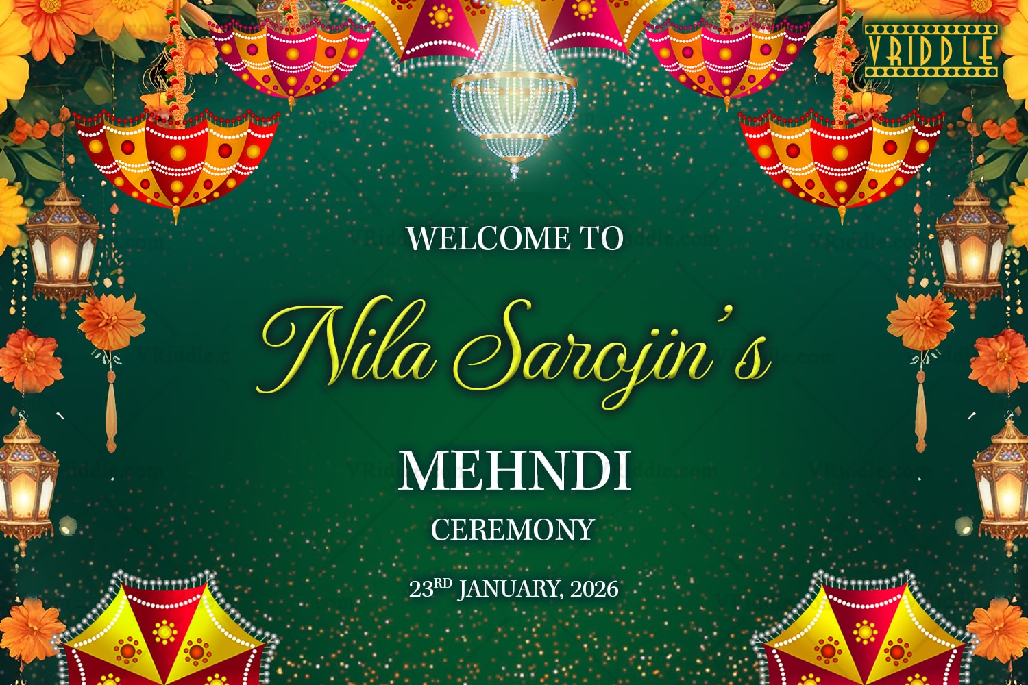 Mehndi Ceremony Welcome Sign in Green theme with Marigold Florals and Traditional Umbrella Decor