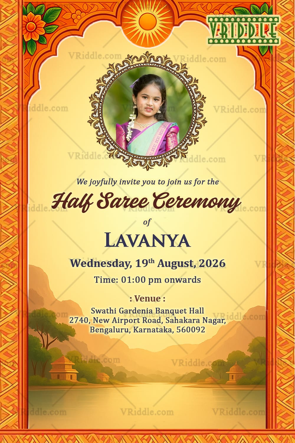 Mountains and River Scenery Half Saree Ceremony Invitation Card with Add Photo and Orange-Gold Theme