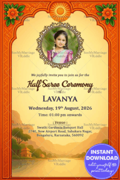 Mountains and River Scenery Half Saree Ceremony Invitation Card with Add Photo and Orange-Gold Theme